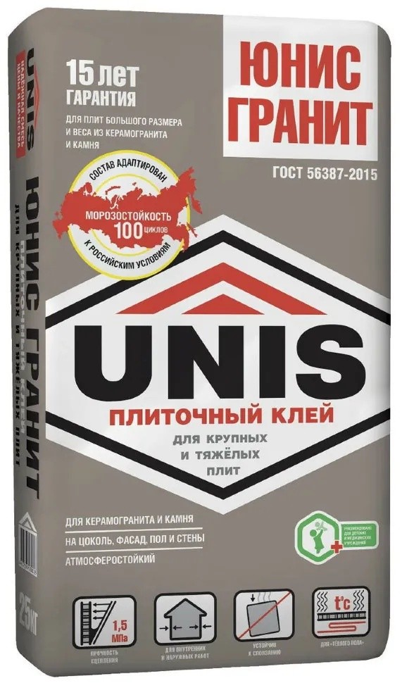 Клей для плитки керамогранита и камня Unis Гранит серый 25 кг