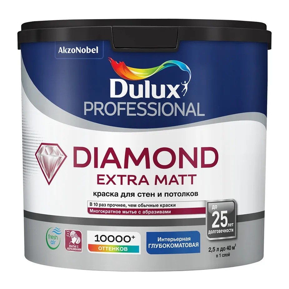 Краска водно-дисперсионная Dulux Diamond Extra Matt моющаяся белая основа BW 2,5 л