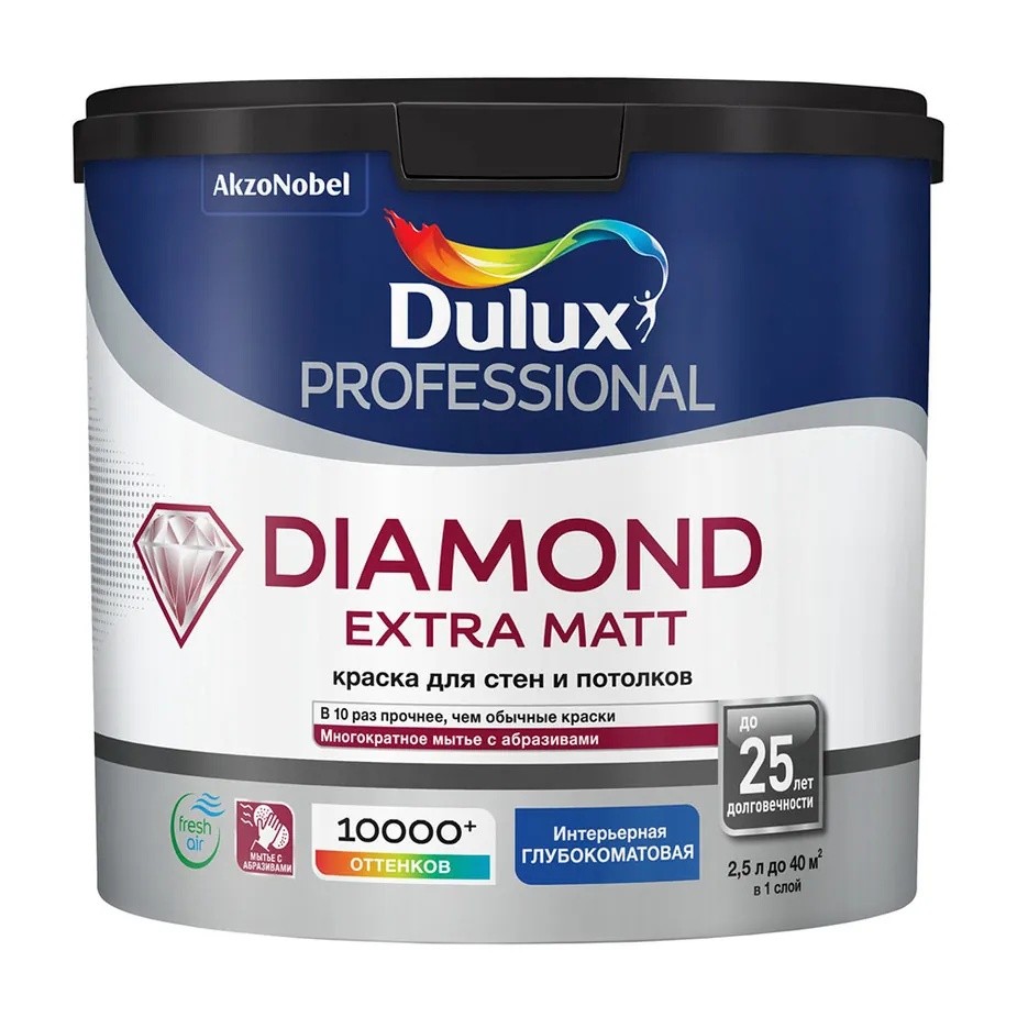 Краска водно-дисперсионная Dulux Diamond Extra Matt моющаяся бесцветная основа BC 2,5 л