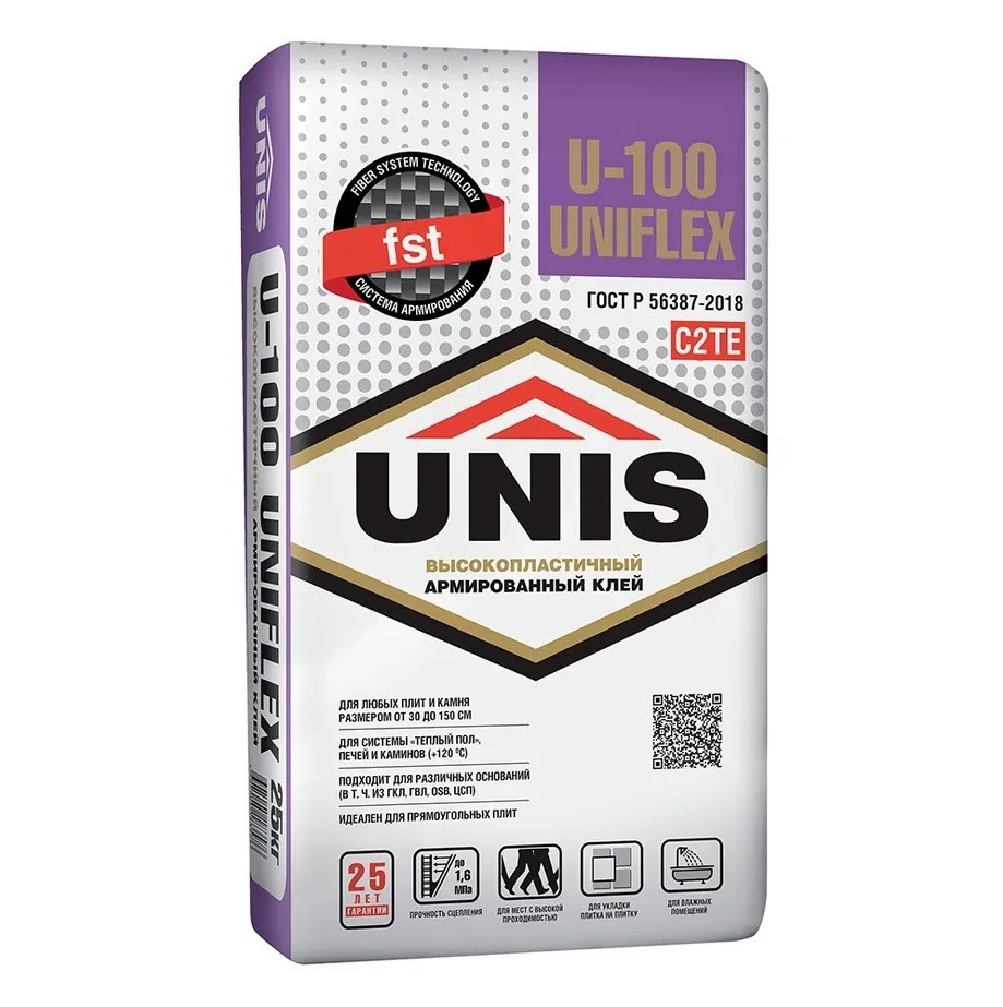 Клей для плитки, керамогранита, камня Unis Uniflex U-100 серый класс С2 ТЕ 25 кг