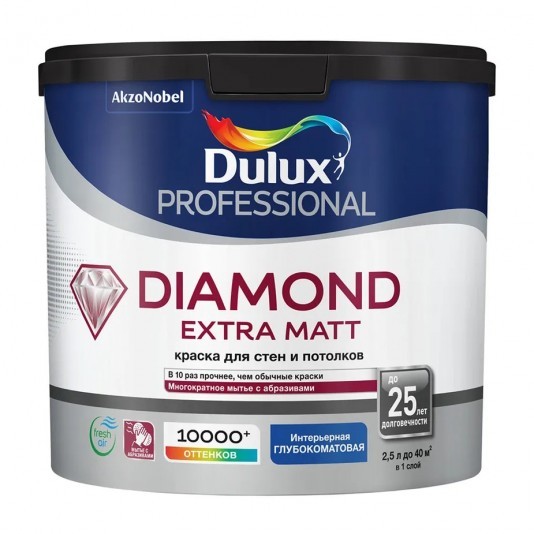 Краска водно-дисперсионная Dulux Diamond Extra Matt моющаяся бесцветная основа BC 2,5 л