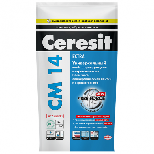 Клей для керамической плитки и керамогранита Ceresit CM 14 Extra 5 кг